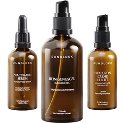 Junglück Set Poren verfeinern - Reinigungsgel, Hyaluron Creme und Niacinamid Serum 200 ml 