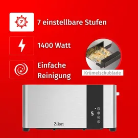 Zilan Scheiben Edelstahl Toaster Mit Brötchenaufsatz und Krümelschublade Toaster Toastautomat Röstautomat 1400 Watt Edelstahl-Gehäuse 7 Stufen