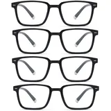 MUNZE 4Er Pack Lesebrille Für Damen Und Herren, Große Rechteckige Form, Federscharniere, Kratzfest, Schwarz, +1.5 Dioptrien