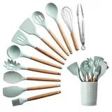 VanderHOME Kochbesteck Küchenutensilien Set, 11 Stück Silikon Kochgeschirr Set, Küchenhelfer Set Silikon Kochgeschirr, Antihaft Hitzebeständiger Küchenhelfer Utensilien mit Holzgriff, Hellgrün