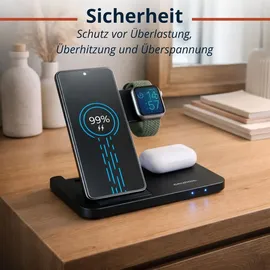 Grundig 3-in-1 Ladestation Apple Watch und iPhone – Qi Ladegerät mit Ladefunktion für Smartphone, Smartwatch, Kopfhörer – Wireless Charger – Faltbar