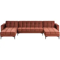 Beliani Wohnlandschaft Hellrot aus Samtstoff Gesteppt U-Form 5-Sitzer Schlaffunktion L-Form Schlafsofa Steppung Wohnzimmer - Rot/Schwarz