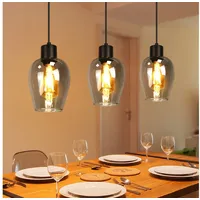 Nettlife Pendelleuchte Vintage Schwarz Hängelampe mit 1/3/4 Rauchglas-Schirmen E27, Höhenverstellbar, LED wechselbar, Esstischlampe für Wohnzimmer Küche Rechteckige Grundplatte