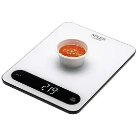 Adler AD 3177WB Küchenwaage Digital 10 kg, Elektronische Haushaltswaage mit Tara Funktion, USB-C aufladbar, Präzisionswaage zum Kochen und Backen, Glaswaage, Weiß