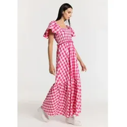 Lois Jeans für Damen. 447992499 Langes Boho-Kleid mit Volant-Ärmeln Waben-Vichy-Mehrfarbendruck in Rosa (M), Lässig, Baumwolle, Ärmellos / H