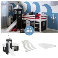 Homestyle4u Hochbett 90x200 mit Vorhang Lattenrost Matratze Rutsche Turm in Weiß Pirat 2547