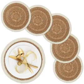 Relaxdays Tischset, 6er Set, geflochtenes Design, Wasserhyazinthe, rundes Platzset, Ø 36 cm, Teller, Deko, Natur/weiß