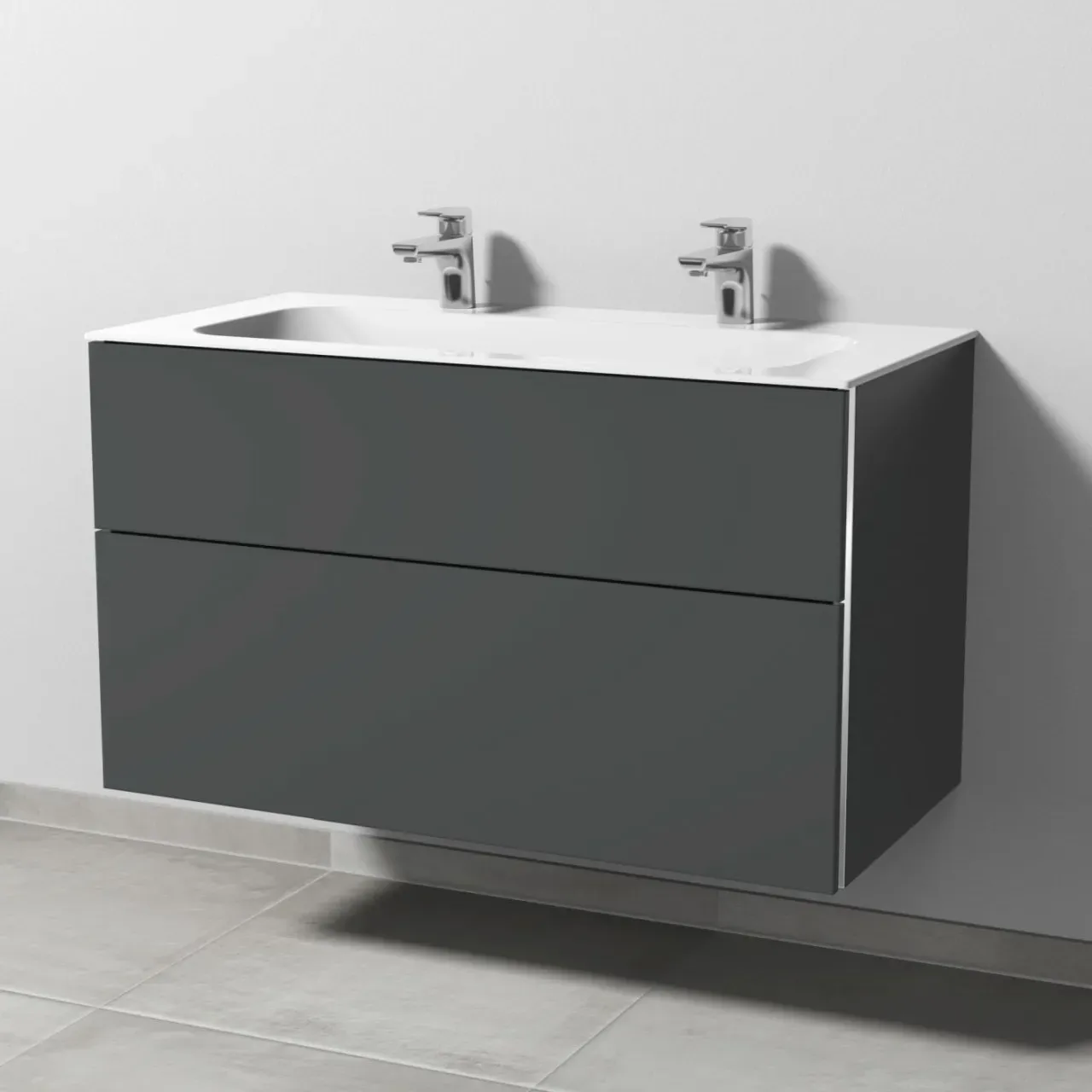 Sanipa 3way Keramik-Set Finion Keramik-Doppelwaschtisch und Unterbau mit 2 Auszügen, Anthrazit-Matt BR40322