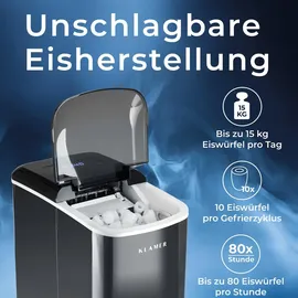 Klamer Eiswürfelmaschine, 10 Eiswürfel in 7-9 Minuten, 15 kg Eiswürfel pro Tag, 2 Eiswürfelgrößen, 2,1 L Wassertank, 120 W Ice Maker mit Eisschaufel - Schwarz