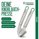 Fackelmann Chefkoch trifft Fackelmann – Premium Knoblauchpresse aus hochwertigem Edelstahl, ergonomisches Design, spülmaschinengeeignet, inkl. Aufhängeöse