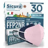 30 Masken FFP2 rosa und blau, CE-zertifiziert, farbig (15 + 15), hergestellt in Italien, sicher BFE ≥ 99 % FFP2-Maske desinfiziert und einzeln versiegelt