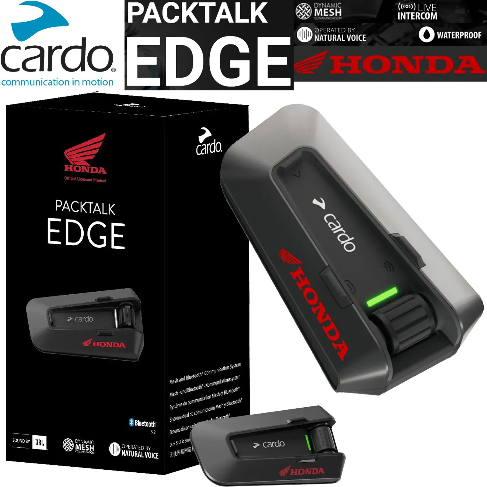 Cardo Packtalk Edge HONDA EDITION Einzelset Motorrad-Headset Bluetooth 5.2 Dynamic Mesh Intercom wasserdicht mit Sound by JBL