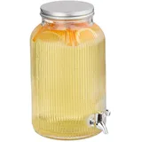 Relaxdays Getränkespender, Limobehälter geriffelt, 5 L, Zapfhahn & Deckel, Wasserspender, Glas & Eisen, transparent