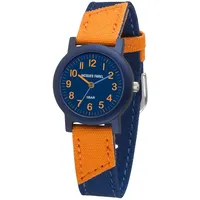 JACQUES FAREL Öko Kinderuhr Jungen Armbanduhr Analog Quarz mit Textilarmband aus Bio-Baumwolle Dunkelblau Orange Nachhaltig ORG 1469