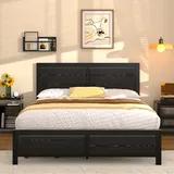 VECELO Bettgestell 140 x 200 cm, Metallbett mit Dick Holzkopfteil und Lattenrost, Doppelbett mit Stauraum unter dem Bett, perfekt für Schlafzimmer, Schwarz