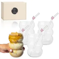 House of Blossom Bubble Gläser Set 550ml • 4er Set Gerippte Trinkgläser groß • Latte Macchiato Gläser, Cocktailgläser, Matcha Glas, Kaffeegläser, Glas mit Strohalm