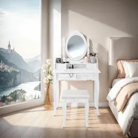 Tectake tectake® Schminktisch, im Antik-Look, mit gepolstertem Hocker, 4 Schubladen, 75 x 40 x 143 cm