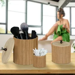 Relaxdays Aufbewahrungsbox mit Deckel, 3er Set, rund, Bambus, versch. Größen, Pinsel & Kosmetik, Ordnungshelfer, natur