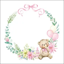 Ambiente Home Ambiente Serviette Baby Teddy 20 Stk. Einseitig Bedruckt für Decoupage, 33x33 cm, weiß Viertel Motiv, Ganzjährig, Papier 33x33cm 3-lagig - hochwertige Einweg Papierservietten Babyparty Taufe Shower Mädchen Teddybär rosa Tischdeko
