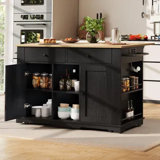 FammyLoft Kücheninsel mit Rollen, Mobile Küchenschrank mit Steckdosenleiste Ausgestattet, Küchenkommode mit Klappbarer Arbeitsplatte, Küchen Sideboard, für Esszimmer, 151,5cm, Holzmaserung, Schwarz