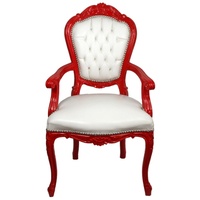 Casa Padrino Esszimmerstuhl Luxus Barock Esszimmer Stuhl mit Armlehnen Weiß / Rot - Handgefertigter Küchen Stuhl mit edlem Kunstleder - Barock Esszimmer Möbel