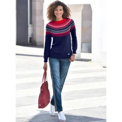 Norwegerpullover CASUAL LOOKS "Pullover", Damen, Gr. 52, bunt (nachtblau, kirsche, gemustert), 100% Baumwolle, gemustert, mehrfarbig, Langarm, Pullover