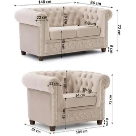 S-Style Chesterfield Polstergarnitur 2+1 Cleo Blink ¦ beige ¦ Maße (cm): B: 148 H: 72