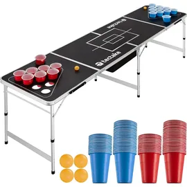 Tectake tectake® Bierpong-Tisch, aus Aluminium mit Eisfach, bodenschonende Kunststofffüße, inklusive 100 Bechern und 6 Bällen