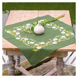 Vervaco Tischdecke Plattstich Stickpackung Weiße Blumen, Stickbild gedruckt, 72x72cm