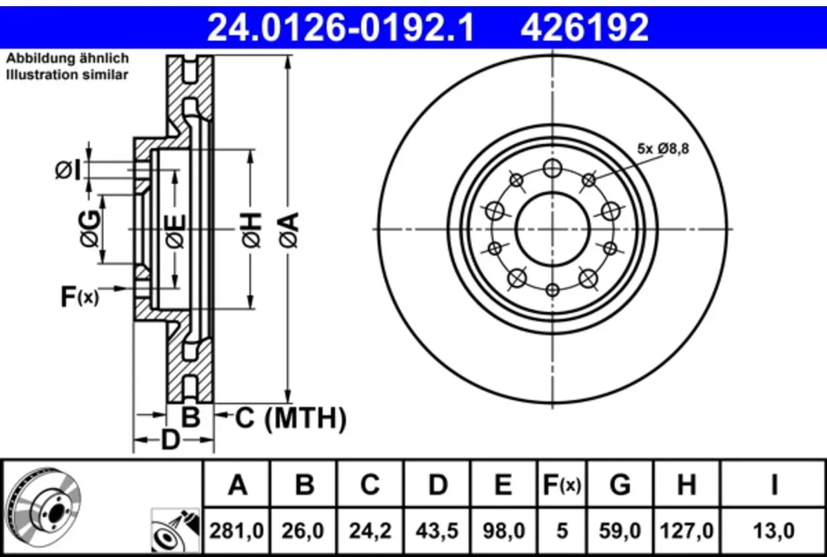 Disque de frein ATE 24.0126-0192.1 avant, ventilé, 1 pièce