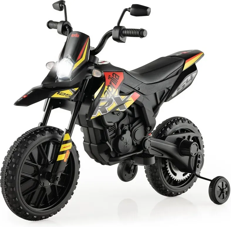 12V Elektro-Motorrad für Kinder mit Stützrädern, lizenziertes Aprilia-Design, Schwarz