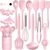 Silikon Küchenhelfer Set, 22 Stück Kochutensilien Kochgeschirr, Hitzebeständiger Kochbesteck Set mit Utensilienhalter, Gesund & Antihaft, Spülmaschinengeeigne - Rosa