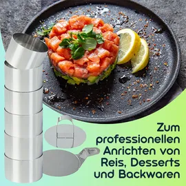casativo Dessert- & Speiseringe (6er-Set) Ø 8 cm mit Heber & Stampfer – Profi-Anrichtringe aus rostfreiem Edelstahl für kreative Gerichte