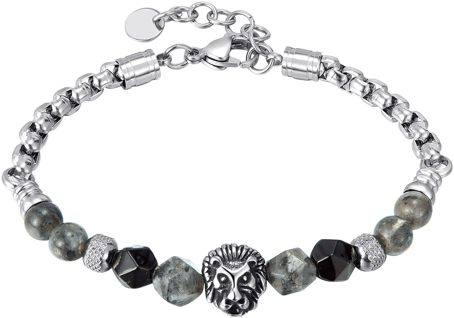 Armband FIRETTI "Schmuck Geschenk Edelstahl Armschmuck Venezianerkette Löwenkopf", edelstahlfarben, schwarz, schwarz, smoky, schwarz, smoky, Armbänder, Edelstahl, mit Agate, Labradorit