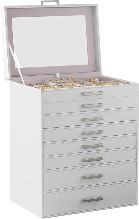 Ochama Große 8-stufige Schmuckkasten-Organizer mit separatem Uhrenfach, stapelbare Schubladen mit transparenter Glasabdeckung zur Präsentation, kompakter vertikaler Fußabdruck 30,2x21,4x39cm, ideal für Ringe, Ketten, Ohrringe, Armbänder, Uhren, Frisiertisch, Schminktisch, Kleiderschrank, Weiß