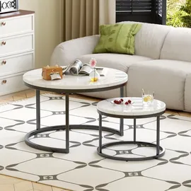 stilvora Couchtisch-Set 2-teilig rund,Wohnzimmertisch mit rutschfesten Fußpads, Beistelltisch mit Metallrahmen und Tischplatte Steinoptik - Schwarz