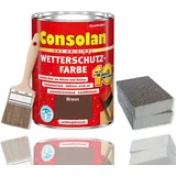 Consolan Wetterschutzfarbe Set 2,5 l Holzfarbe Dauerschutz Deckend mit Zubehör (Braun)