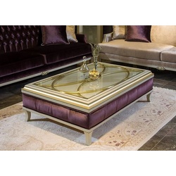 Casa Padrino Luxus Barock Couchtisch Weiß / Lila / Gold 130 x 85 x H. 39 cm - Edler Massivholz Wohnzimmertisch mit Glasplatte - Barock Wohnzimmer Möbel