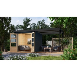 Karibu Hybrid Gartenhaus Hollywood im Set mit Anbaudach ca. 2,40 m  breit anthrazit inkl. Fußboden Gartenlaube Geräteschuppen Gartenhütte