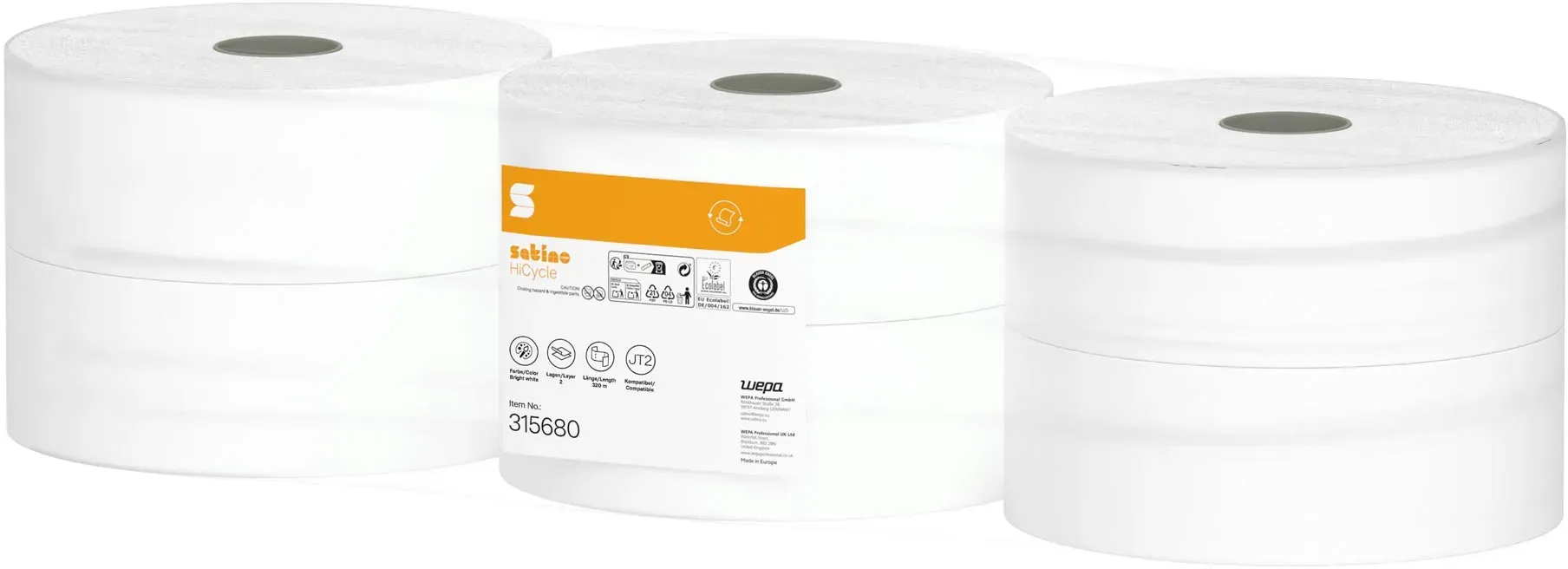 Satino by Wepa HiCycle Toilettenpapier Midi Jumbo hochweiß JT2, 2-lagig, 320 Meter 1 Karton = 6 Rollen