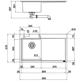 Naber Corno Ora Schrankbreite 45 cm Edelstahl Becken rechts 1014040