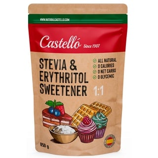 Stevia + Erythrit 1:1 Süßstoff | 1g = 1g Zucker | 100% Natürlicher Zuckerersatz - 0 Kalorien - 0 Glykämischer Index - Keto und Paleo - 0 Netto-Kohlenhydrate - Kein GVO - Castello since 1907-850 g