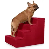 VELORA H&L Hundetreppe 4 Stufen Rot - Stabile Holzkonstruktion mit Veloursbezug, rutschfeste Hundetreppe für Sofa und Bett, Haustiertreppe für Hunde und Katzen, Belastbar bis 80 kg