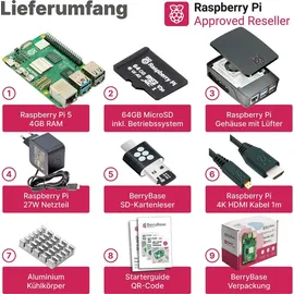 BerryBase Raspberry Pi 5 Starterkit, 64GB microSDHC inkl. Pi OS, Gehäuse, Netzteil, HDMI-Kabel und Zubehör - RAM: 4GB - Farbe: schwarz