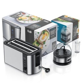 Arendo 2-teiliges Frühstücksset, 7er Eierkocher & Langschlitz Toaster für 4 Scheiben, Silber