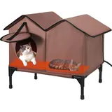 Beheiztes Katzenhaus, faltbares Katzenhaus für Wildkatzen, Katzenhaus Outdoor Winterfest Wasserdicht mit erhöhtem Sockel, Gemeinschaftskatzen und kleine Hunde (Braun)