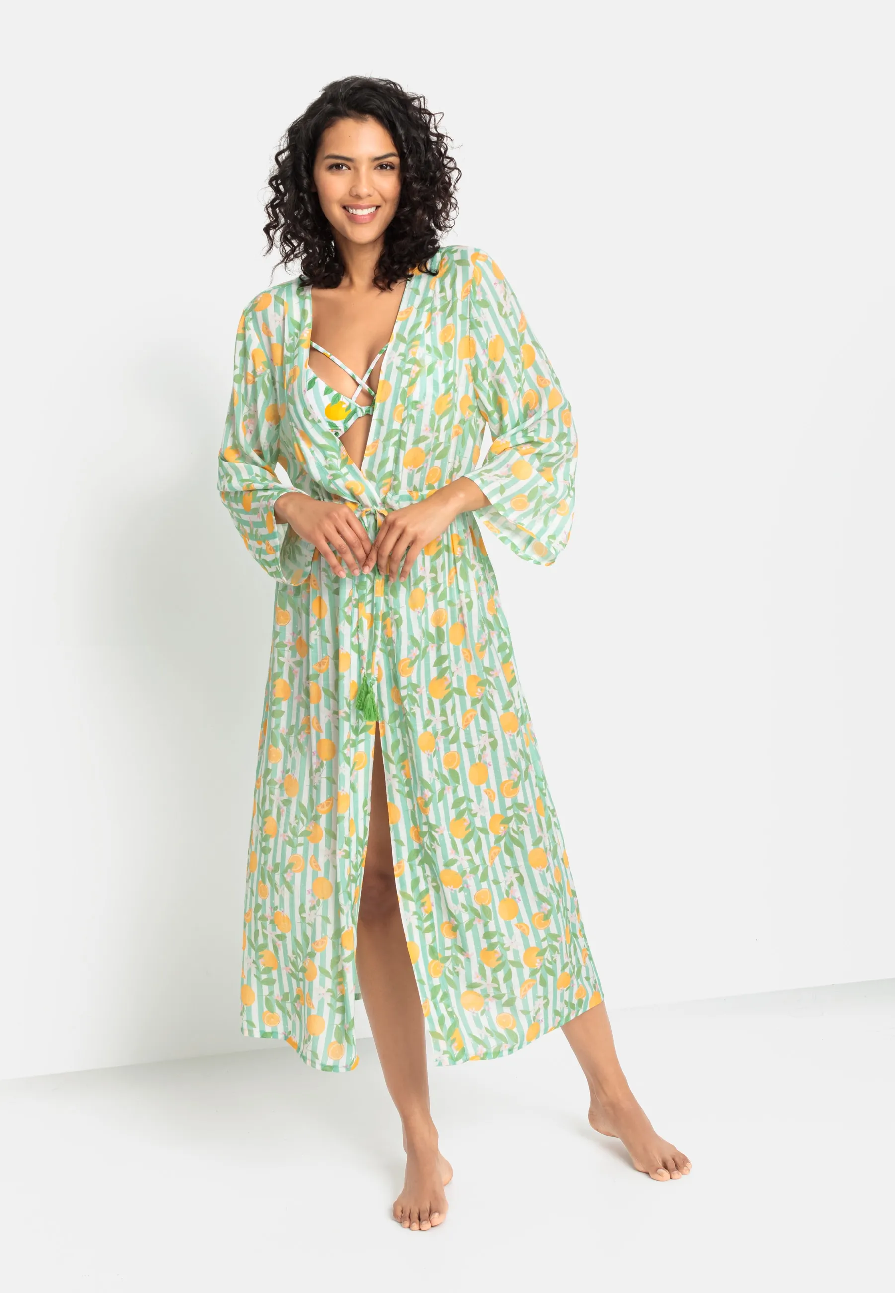 Strandkleid BUFFALO Gr. 44/46, N-Gr, bunt (bedruckt) Damen Kleider Strandkleider im Kimono-Style mit Bindeband, langärmliges Sommerkleid, Kaftan
