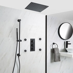 Unterputz Duschsystem mit Thermostat - 400mm x 400mm Unterputz-Duschkopf, Körperdüsen und Brausestangenset - Schwarz - Nox, von Hudson Reed