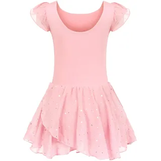 trudge Kinder Ballettkleidung Ballettkleid Mädchen Kurzarm Baumwolle Balletttrikot Ballettanzug Tanzkleid Tanzbody mit Rock Tütü, 140, Rosa - 140