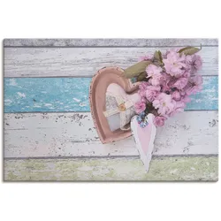 Leinwandbild ARTLAND "Stillleben mit Kirschblüten und Herzen", blau (farbe bild(er): blau), B:90cm H:60cm, Canvas, Leinwand, Bilder, auf Keilrahmen gespannt